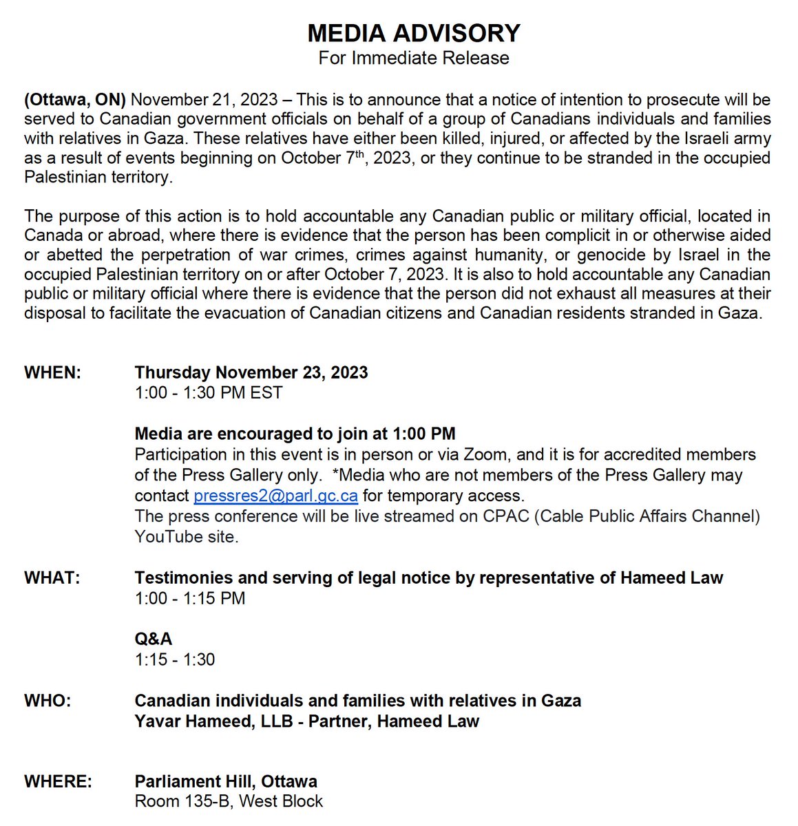 In Canada, a consortium of lawyers and legal academics (including yours truly) are announcing their intention to prosecute legal claims against Canadian government officials on behalf of a group of Canadians who have family members in Gaza.

#Gaza #genocide