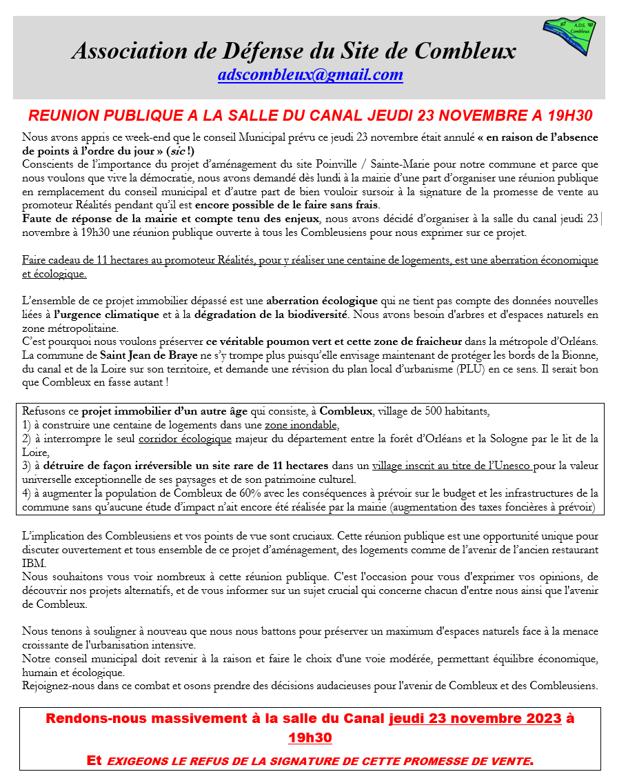 ADSCombleux's tweet photo. 📢 Réunion publique à la Salle du Canal à Combleux le jeudi 23 novembre à 19h30 sur l'avenir de l'ancien site IBM ! 🗓️Venez nombreux pour échanger et discuter des sujets qui nous concernent tous! #Combleux #RéunionPublique #ParticipationCitoyenne https://t.co/bMfXWDIrbs