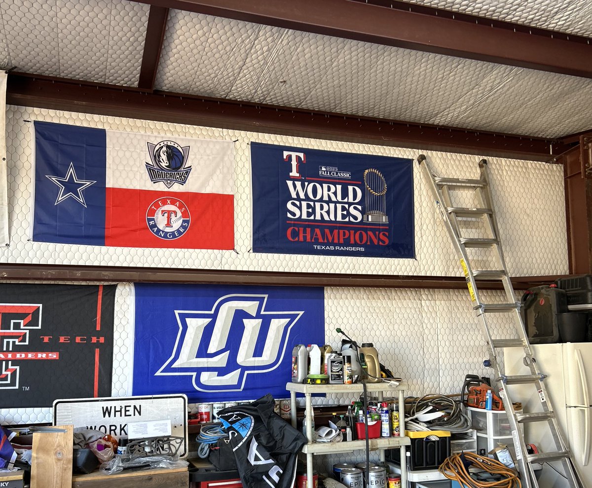 Stevokenevo3's tweet photo. Got the Texas Rangers W.S. Champions banner hung up in the shop today. Still can’t believe it!!! #WentAndTookIt #WorldSeriesChampions #Rangers #StillAmazing #ReadyFortheNext https://t.co/zqPBCT7dfe