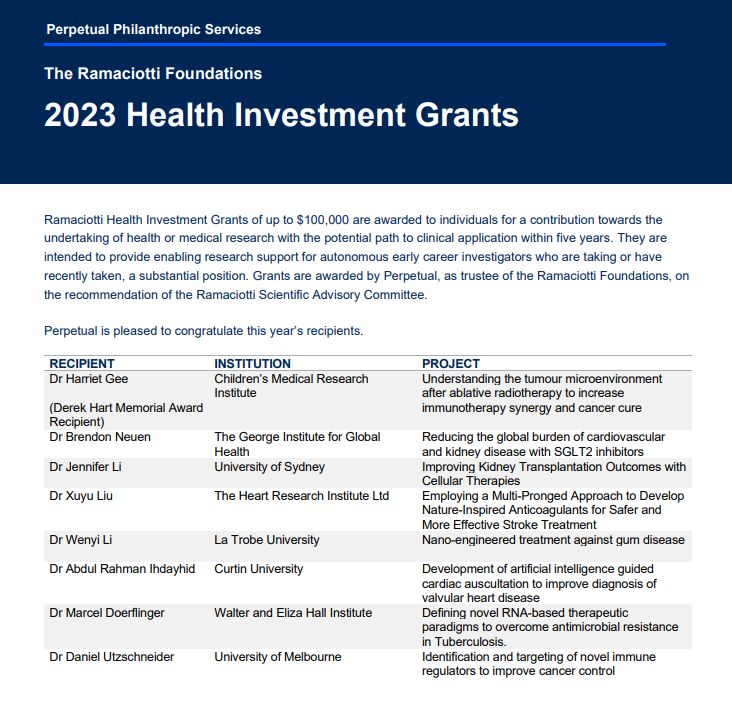 Thrilled to announce that our group leader, Johnny (Dr Xuyu Liu) has been awarded the 2023 Health Investment Grants supported by the Ramaciotti Foundations! 🏆🌟This grant will provide an extensive opportunity to empower the anticoagulant drug discovery to the next level. 💪