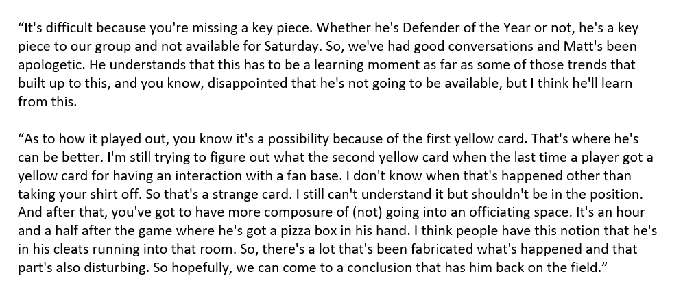 LaurelPfahler's tweet photo. I've been swamped and won't get my story posted til later, but here is the full quote from #FCCincy coach Pat Noonan regarding the "fabrication" happening in response to Miazga's entering the locker room, since I've seen some partial ones floating around. #AllForCincy https://t.co/DzLHR4uyAg