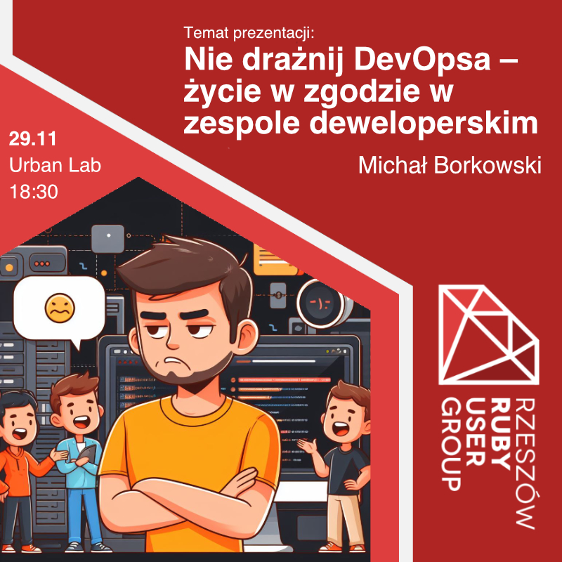 RRUG (@rrugpl) on Twitter photo Zapraszamy na kolejne spotkanie, tym razem <a href="/wielkiborsuk/">Michał Borkowski</a> opowie, jak dobrze żyć z #DevOps.sami.
Urban Lab (3 Maja 13), 29.11 śr o 18:30.
meetup.com/rzeszow-ruby-u… Zapraszamy na kolejne spotkanie, tym razem <a href="/wielkiborsuk/">Michał Borkowski</a> opowie, jak dobrze żyć z #DevOps.sami.
Urban Lab (3 Maja 13), 29.11 śr o 18:30.
meetup.com/rzeszow-ruby-u…