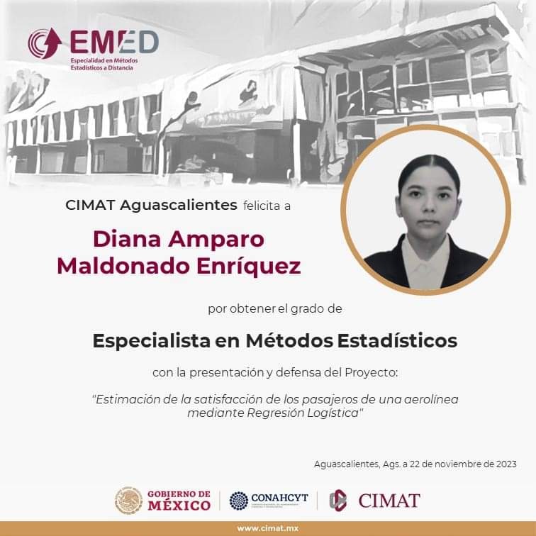 📢Felicitamos a Diana Amparo Maldonado Enríquez  por obtener la Especialidad en Métodos Estadísticos (Modalidad en Línea).

Le deseamos el mejor de los éxitos.

#CIMAT #Aguascalientes #Admisión2024
emed.cimat.mx
emed@cimat.mx
