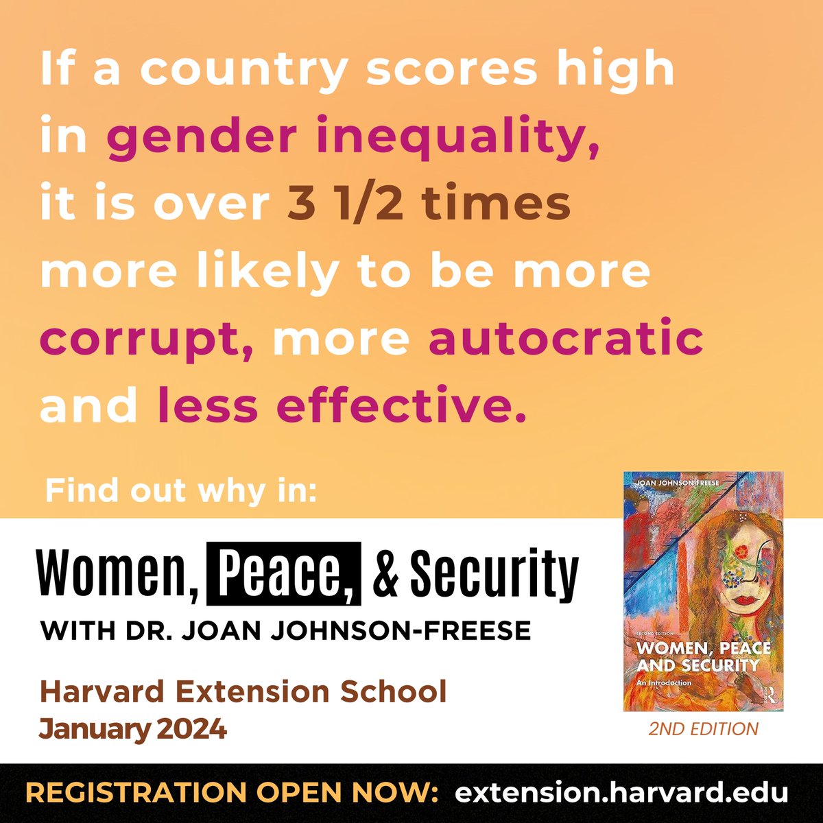 In my Women, Peace &amp; Security course at <a href="/HarvardExt/">Harvard Extension School</a> we will discuss why gender inequality impacts virtually every aspect of society and how WPS promotes conflict prevention, security, and peace building.

Registration: courses.dce.harvard.edu/?details&srcdb…

My book: joanjohnsonfreese.carrd.co
