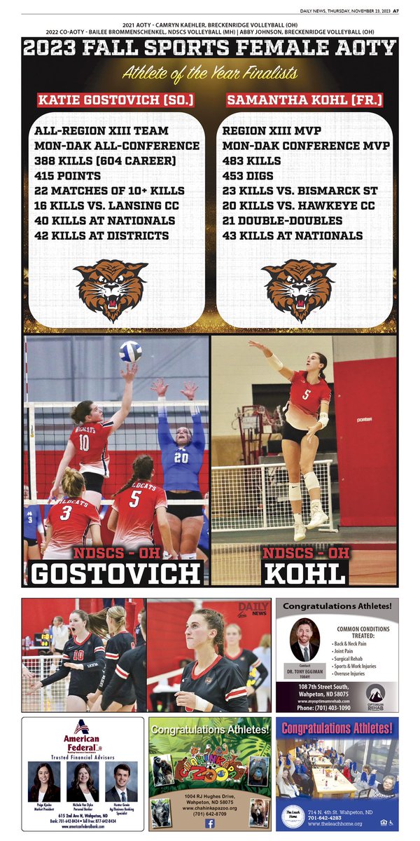 WahpetonWanek's tweet photo. I’d like like to thank our dedicated advertising sponsors for honoring the 2023 Fall Sports Male/Female Athlete of the Year finalists with color pages in the upcoming Thanksgiving edition! The winner will be announced Saturday, Nov. 25.

📰 @wahpeton https://t.co/NT9exInJYJ