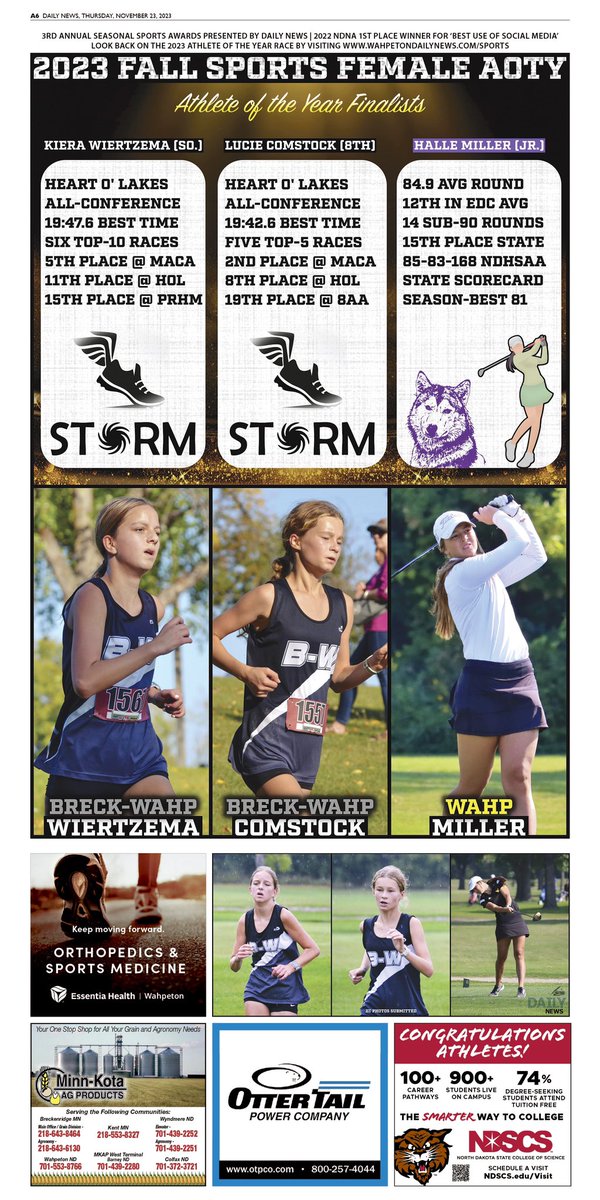 WahpetonWanek's tweet photo. I’d like like to thank our dedicated advertising sponsors for honoring the 2023 Fall Sports Male/Female Athlete of the Year finalists with color pages in the upcoming Thanksgiving edition! The winner will be announced Saturday, Nov. 25.

📰 @wahpeton https://t.co/NT9exInJYJ