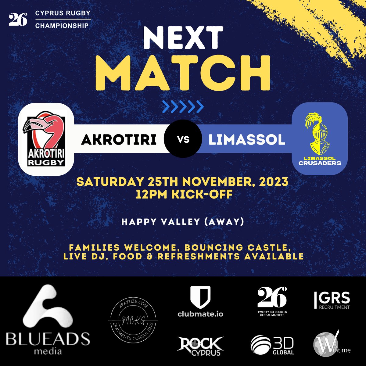 LimCrusaders's tweet photo. This Saturday our Crusaders go to battle with the #Akrotiri Flamingos at #HappyValley! 💪 

🏉vs Akrotiri Flamingos
�� Saturday 25th November 2023
🕛12:00PM Kick-Off  
📍Happy Valley (Away) https://t.co/wRsmRsmRn3
