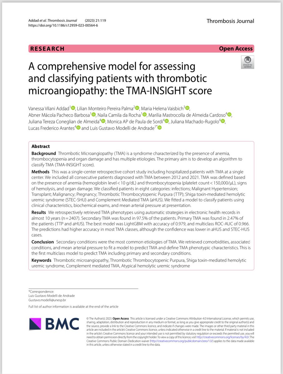 TMA-Insight Score: the use of machine learning and AI to tailor the differential diagnosis of Thrombotic Microangiopathy. A partnership between two public universities in Brazil — Unicamp and Unesp Botucatu link.springer.com/article/10.118…