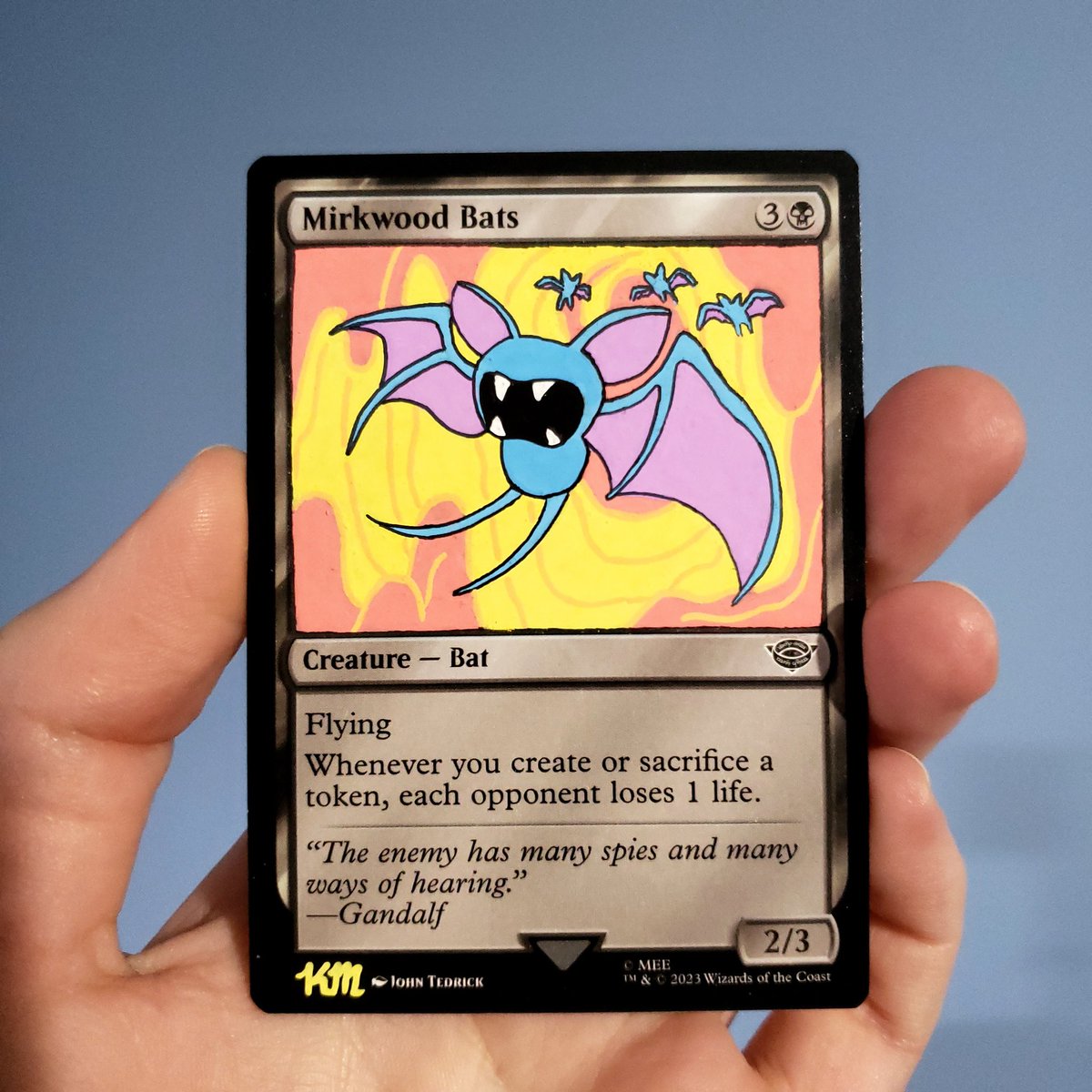 I painted Zubat on Mirkwood Bats with Posca markers and black pen. The ref  art is based off of the original Fossil card from the Pokemon TCG.