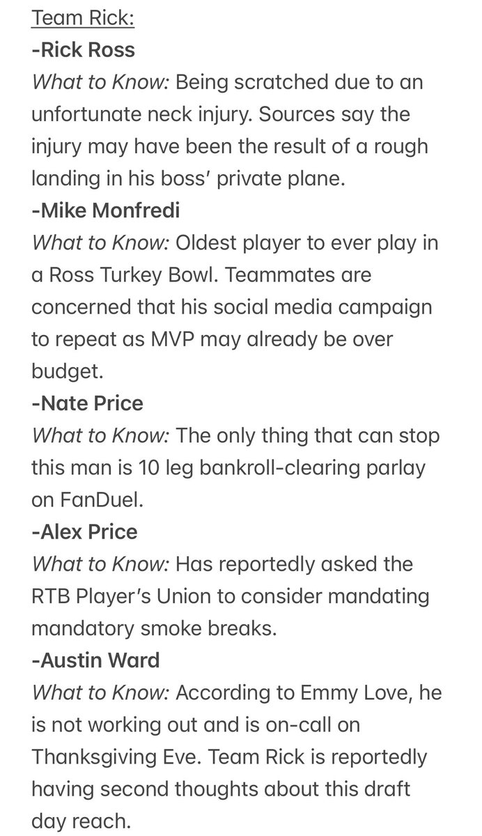 RossTurkeyBowl's tweet photo. The much anticipated player profiles. Team Rick https://t.co/xbxa1wRFDn