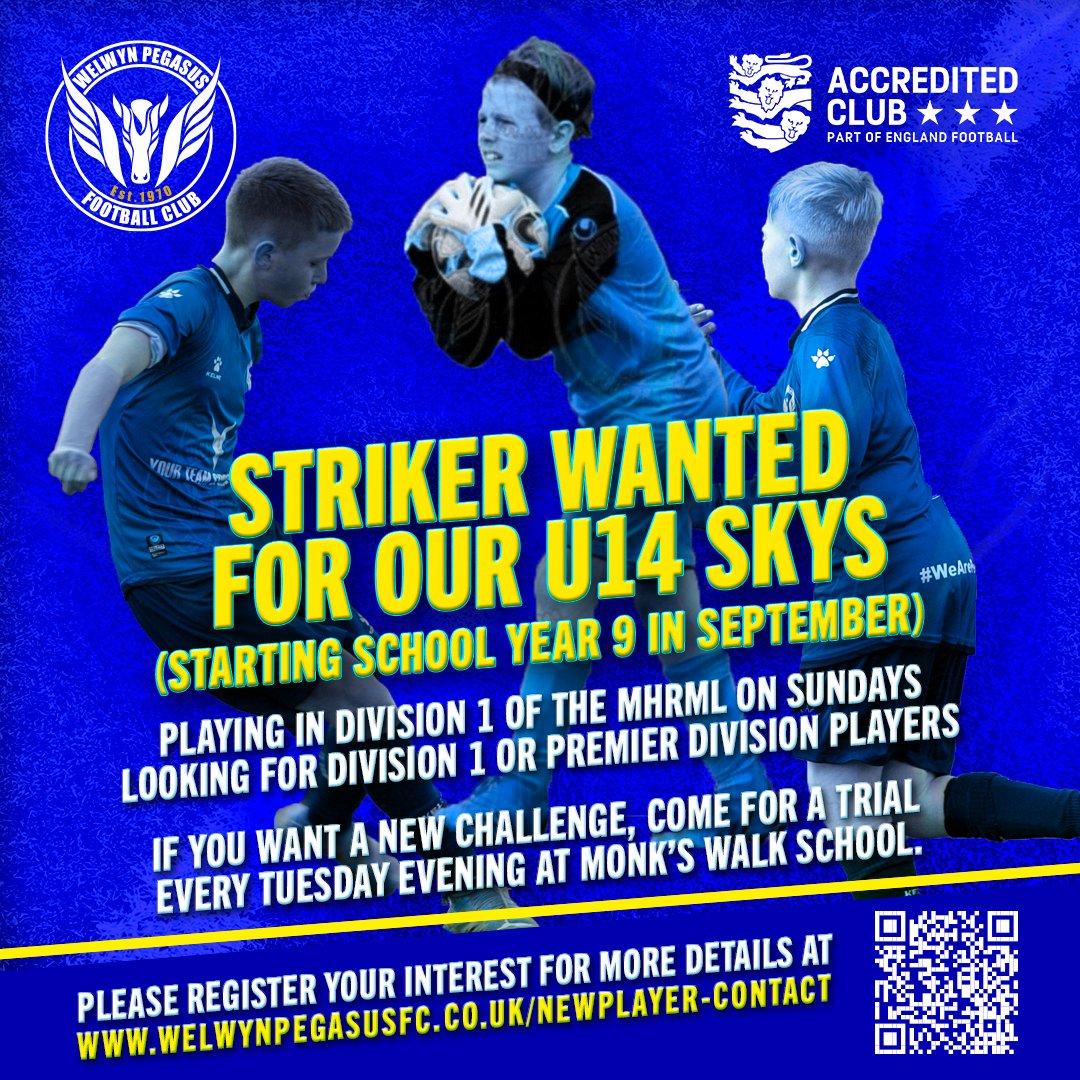 welwynpegasusfc's tweet photo. 👉📷U14 SKYS LOOKING FOR A STRIKER  If you're looking for a new challenge, come along to one of our training sessions held every Tuesday at @MonksWalkSch

Register here📷https://t.co/K47GtIQYKS 
#WeArePegasusFC @midhertsrml #grassrootsfootball #youthfootball @wonderfulwgc #WGC https://t.co/5RT2IKhq6S