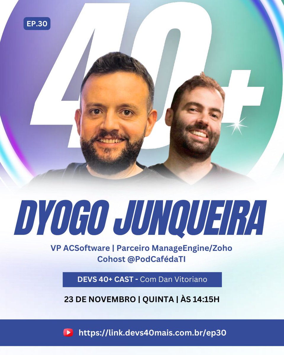 devs40mais's tweet photo. Quinta, 23/11 às 14:15h, o Dyogo Junqueira, VP da ACSoftware, é convidado do Dan Vitoriano no próximo episódio do Devs 40+ PodCast. Não perca essa conversa sobre tecnologia, marketing e vendas: https://t.co/RH1xyVbamQ
#zohocreator #podcast #devs40mais #acsoftware #tecnologia https://t.co/40Ri0xL7Ui
