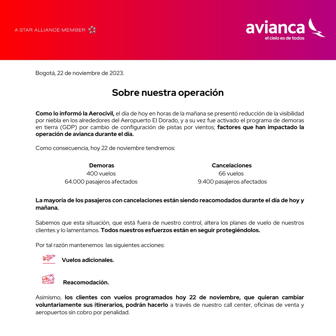 #Viajeros: Ha sido un día difícil, el clima en las horas de la mañana en el Aeropuerto El Dorado y el Programa de Demoras en Tierra por cambio de configuración de pistas por vientos, han provocado demoras y cancelaciones. ✈️ Les contamos que estamos haciendo para protegerlos: 👇