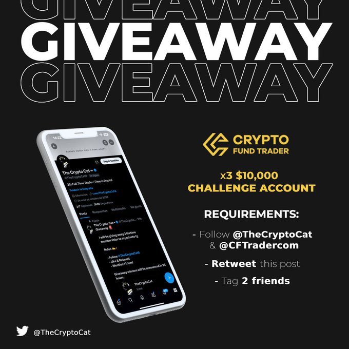 TheCryptoCat8's tweet photo. 🎉 GIVEAWAY 🎉

3 x  $10,000

CHALLENGE ACCOUNT

Requirements :

✅Follow @TheCryptoCat8 
&amp; @CFTradercom

✅ Retweet this post

✅ Tag 2 friends

⌛️Result will be announced in 48 hours https://t.co/38cZAheHuK