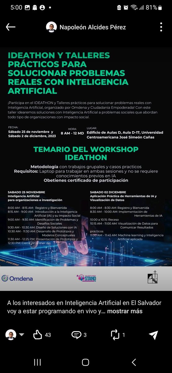 De 8 a 9 a.m. voy a hablar en la <a href="/UCA_ES/">UCA El Salvador</a>  sobre detección de noticias falsas con Inteligencia Artificial si están interesados ahí está la cita 100 % gratis.
docs.google.com/forms/d/e/1FAI…