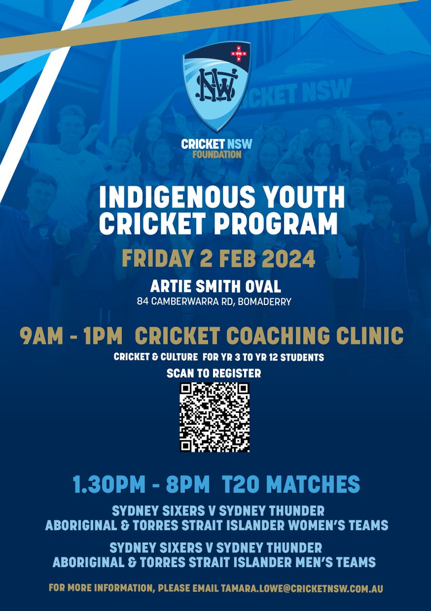 The CNSW Foundation is hosting an Indigenous Youth Cricket Program in Bomaderry on Feb 2, 2024 📆 Register your youngster through the QR code below, for what is sure to be a brilliant day of cricket and culture 🙌 For more info, please email Tamara.Lowe@cricketnsw.com.au 📲