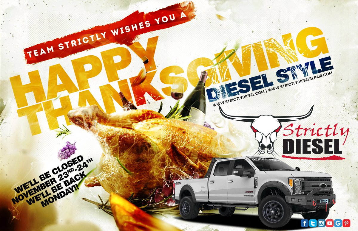 StrictlyDiesel2's tweet photo. And just like that we're at the end of the regular work week and heading into a 4 day weekend!  From our family to yours we wish everyone a very happy and blessed Thanksgiving Holiday! Eat Well, Be Safe,  Give Thanks, make memories and we'll see you next week! #HappyThanksgiving https://t.co/o1jLcq01o2