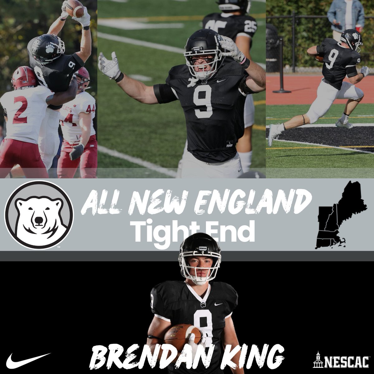 Congratulations to our very own Brendan King on making the All New England College Team by the New England Football Writers! This is an incredible achievement and extremely well earned after a record breaking season by our #9  #GoUBears