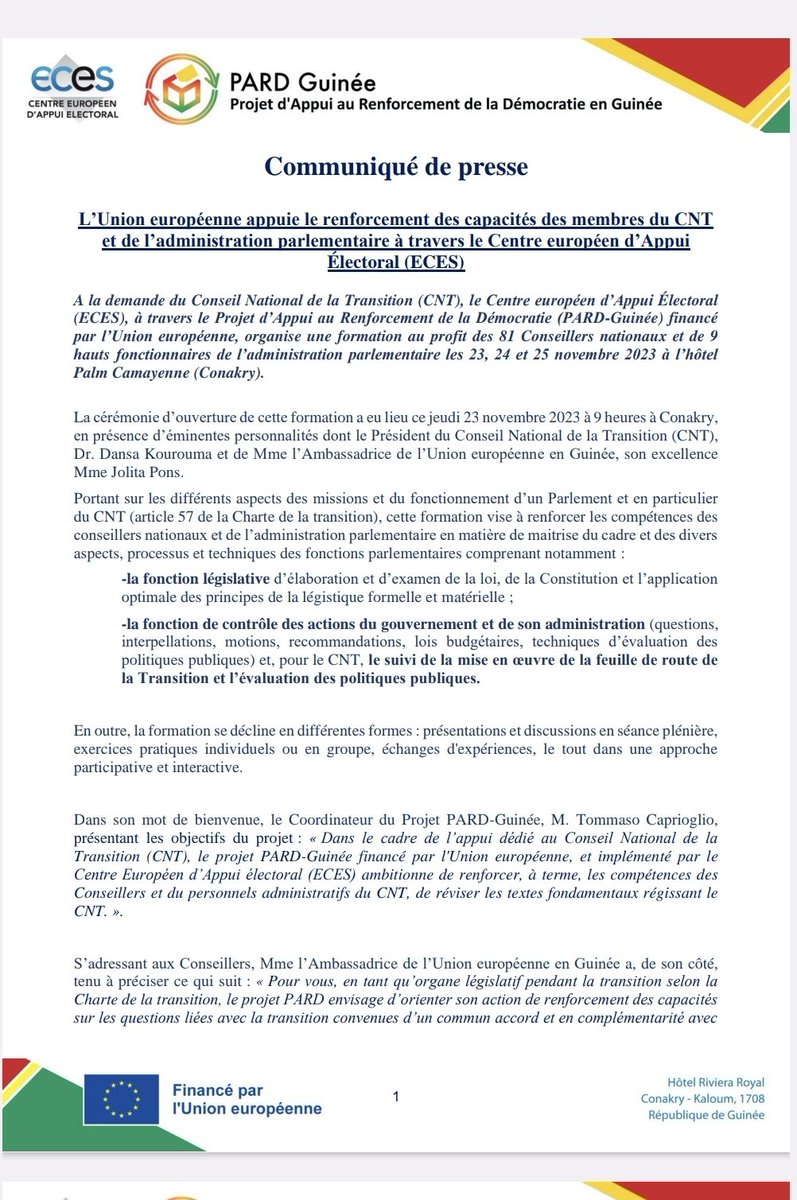 BOULLERE997's tweet photo. Trois jours de formation pour les 81 conseillers nationaux de Guinée, afin de renforcer leur capacité dans le travail législatif. @cntguinee1 #Trasition #Kibaro https://t.co/4eDEZe0ueh