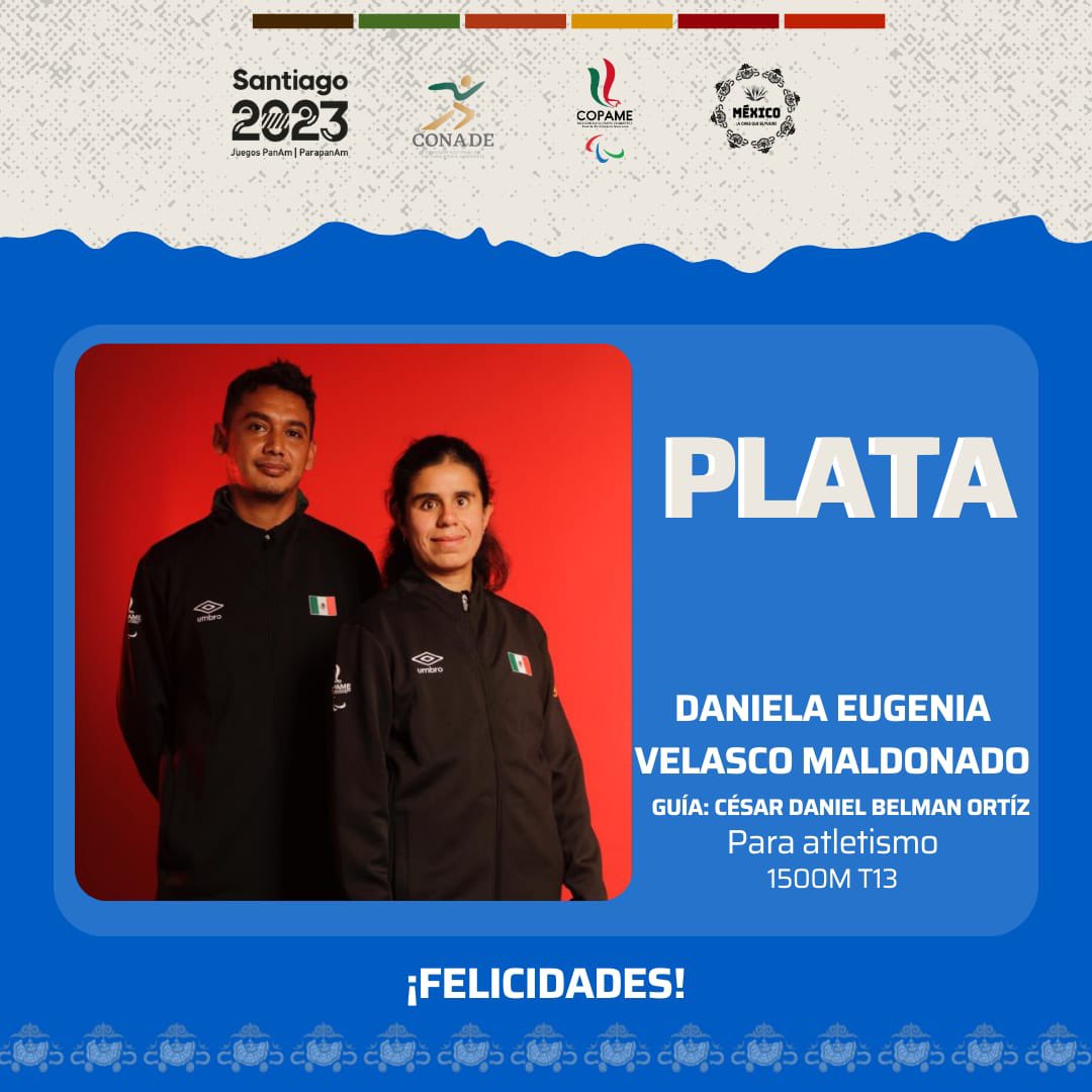 COPAME's tweet photo. 🥈 ¡Daniela Velasco brilla en los Juegos Parapanamericanos 2023! 

En la final de 1500m T13 Femenil de Para Atletismo, Daniela Velasco y su guía César Belman se llevan la medalla de PLATA 🥈con un tiempo impresionante de 4:50.53. 

🔝¡Orgullo para México en Santiago de Chile! 🏃‍♀️ https://t.co/HNPVn860j7