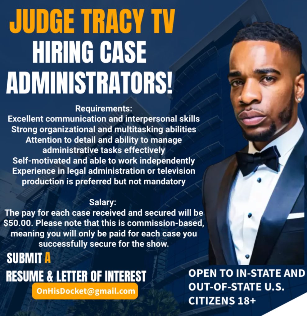 OnHISDOCKET's tweet photo. JUDGE TRACY TV is hiring ! Tell a friend. Tell a neighbor! All 50+ states. #OTDWJT #JudgeTracyTV #onhisdocket #tvcourthistory #standingonbusiness https://t.co/DC4Sthd0Gz
