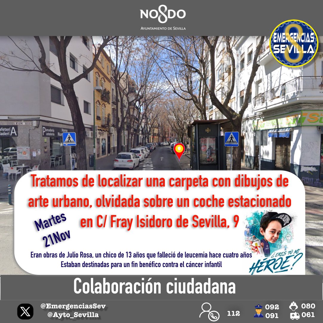 🟥Colaboración ciudadana.
Tratamos de localizar una carpeta  con dibujos de arte urbano de #JuliOne, extraviada en la noche del martes  (olvidada sobre un coche estacionado) en C/ Fray Isidoro de Sevilla, 9 #Sevilla
Su madre <a href="/pilicorleone/">La Sra Corleone</a> nos ha pedido ayuda encontrarla.