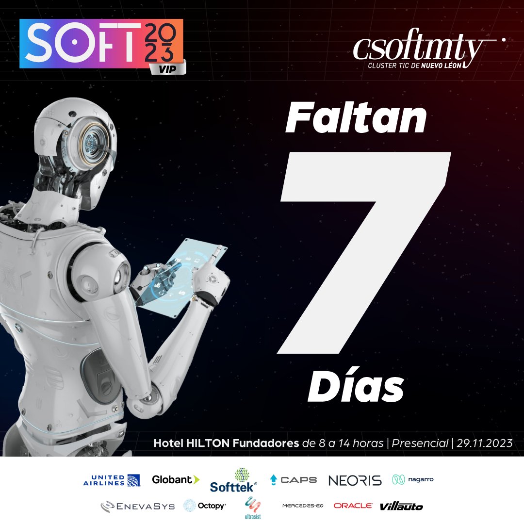 Csoftmty's tweet image. 🚀 Solo faltan 7 días para el evento SOFT 2023, donde la innovación y la tecnología se fusionan. 🌐🔍 Únete a nosotros el 29 de noviembre en el Hotel Hilton Monterrey (Fundadores) y sé parte de la revolución digital.

👩‍💻 Regístrate aquí: csoftmty.org/soft-2023/  

#SOFT2023
