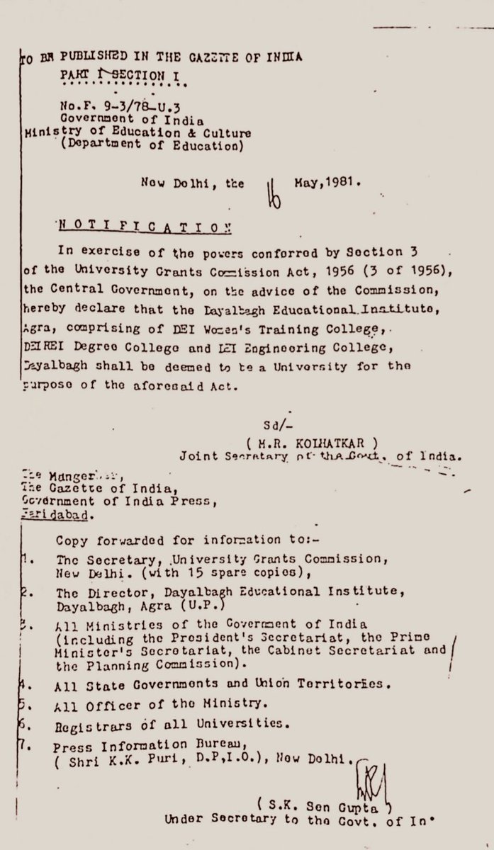 kapilrooprai's tweet photo. On May 16th 1981, the Government of India declared the Dayalbagh Education Institute - DEI, Agra, comprising of the DEI women`s Training College, REI Degree College, Dayalbagh as a Deemed University under Section 3 of the UGC Act. Accordingly, the three erstwhile colleges ceased to exist as separate entities and began functioning as the faculty of Arts, Commerce, Education, Enginnering and Science from the academic session 1981-82. The Institute has since been accorded the Membership of the Association of Indian Universities.

#SupremeCourtofIndia @ugc_india @EduMinOfIndia @TweetJoshmanish @dpradhanbjp 

@DeiDayalbagh #DEIDayalbagh #DayalbaghModel #Dayalbagh