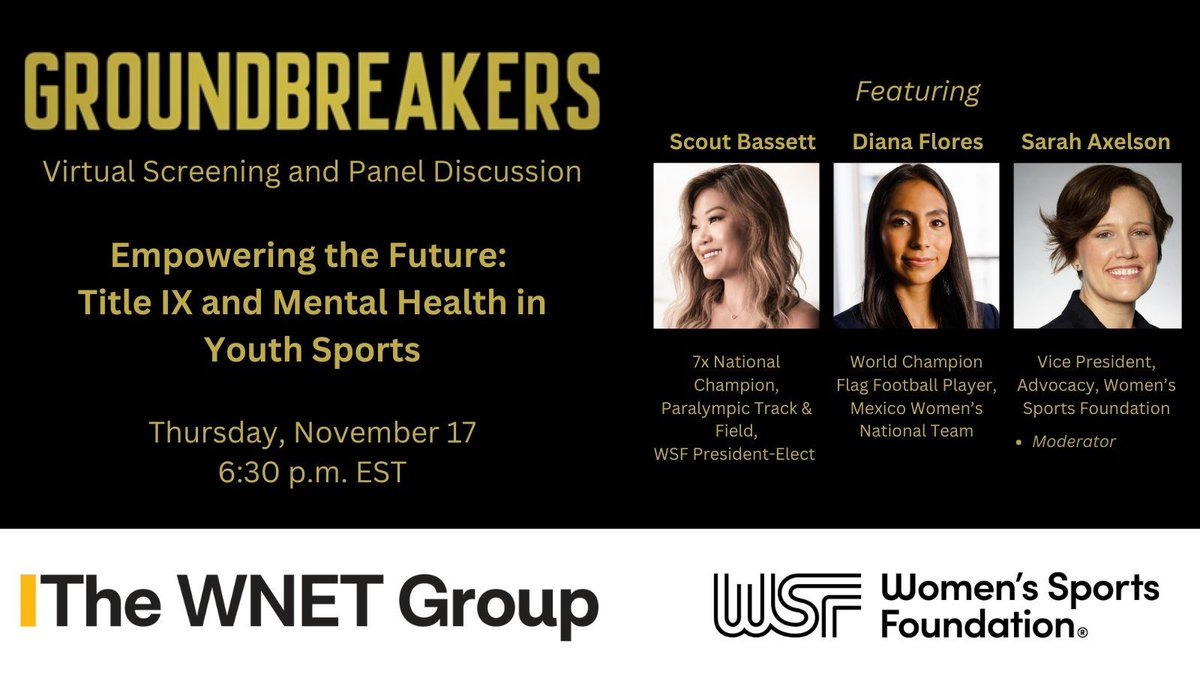 Calling ALL sports fans! Join WSF and @ThirteenWNET next Wednesday, Nov. 29 at 6:30pm ET for an electrifying celebration of female athletes who have broken barriers and a panel discussion on the impact of #TitleIX and mental health. #GroundbreakersPBS hopin.com/events/groundb…