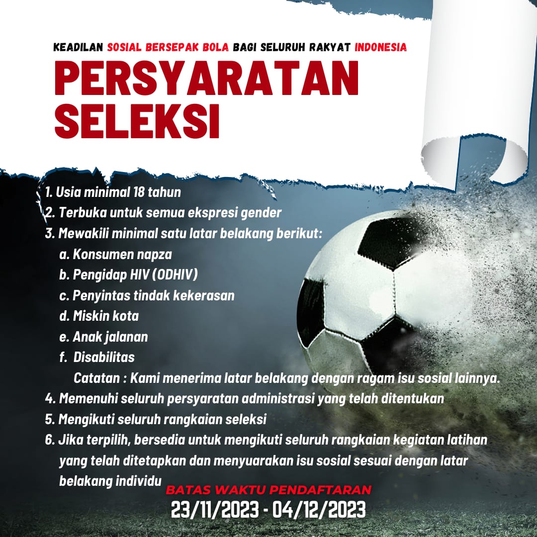Pengin mewakili Indonesia di turnamen street soccer Homeless World Cup 2024? Yuk, ikut seleksinya!

Persyaratan ada di slide terakhir, yes.

Tautan pendaftaran:
bit.ly/PendaftaranSel…

Informasi lebih lengkap:
Shilpi (0822-1912-6282)

#RumahCemara #HomelessWorldCup2024