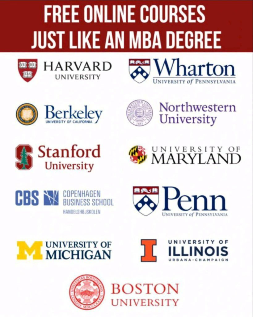 riyazmd774's tweet image. Give yourself a personal MBA Degree with FREE online courses from top schools:
Save $100k+ and do this personal MBA all FREE.
This is the same MBA Program curriculum you would see at top schools.
Yes, for FREE.
Yes, online.
𝗣𝗲𝗿𝘀𝗼𝗻𝗮𝗹 𝗠𝗕𝗔 𝗗𝗲𝗴𝗿𝗲𝗲 𝗖𝗼𝘂𝗿𝘀𝗲𝘀…