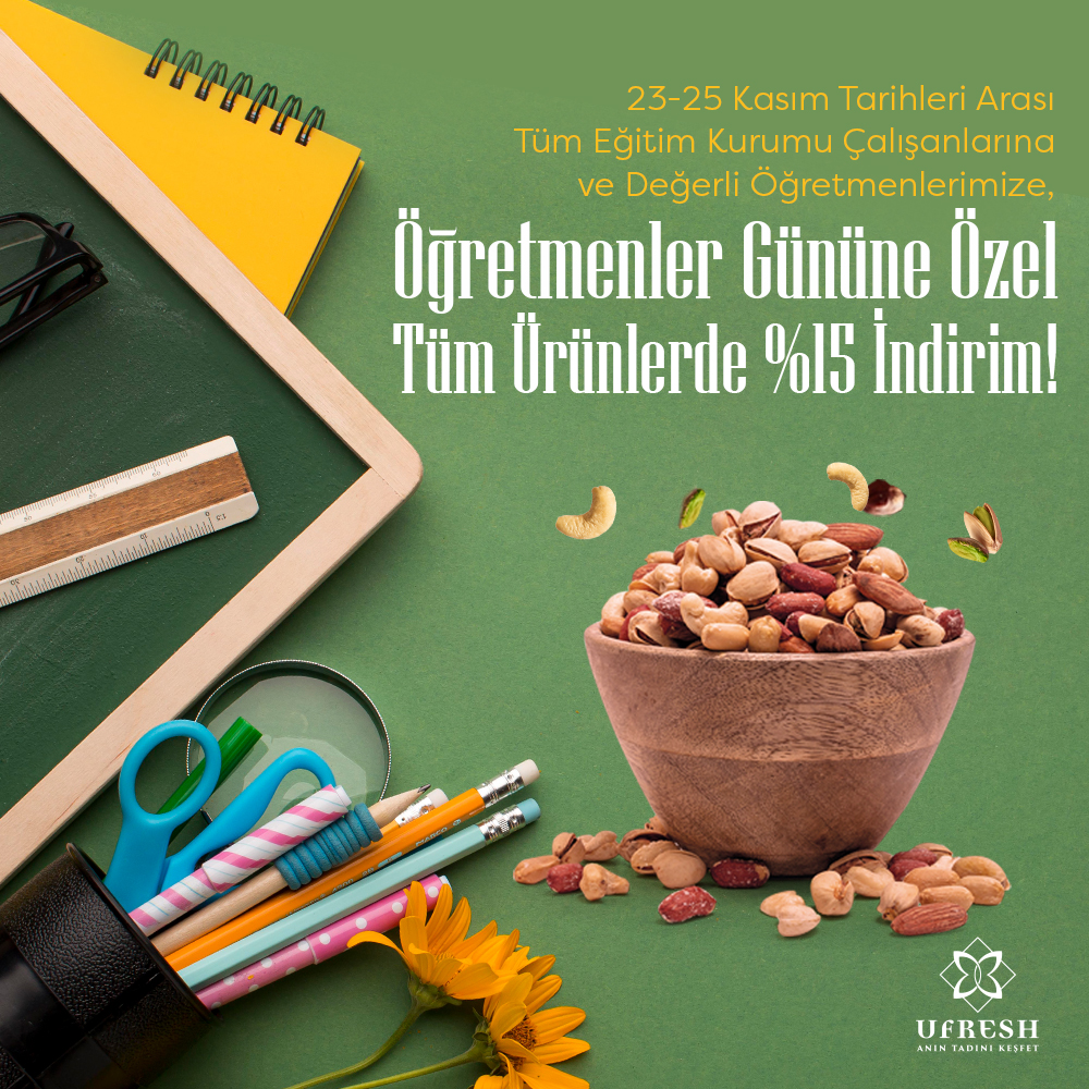 24 Kasım Öğretmenler Günü kutlu olsun. Bu güzel güne özel ufresh.com.tr sitesinde 23 - 25 Kasım tarihleri arası tüm ürünlerde geçerli %15 indirim kampanyasını duyurmaktan gurur duyarız. Kampanyaya tüm müşterilerimiz katılabilmektedir.

#Ufresh #ogretmenlergunu