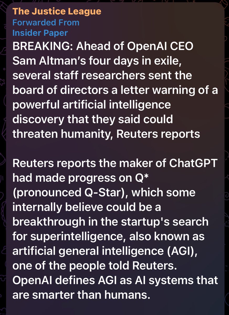 Krommsan's tweet photo. #OpenAISaga #OpenAIBoard 
#ChatGPT #SamAltmanReturns 

Who’s ready for a ‘super intelligence’ A.I., that freaked out its developers? https://t.co/ce6BIGWHUU