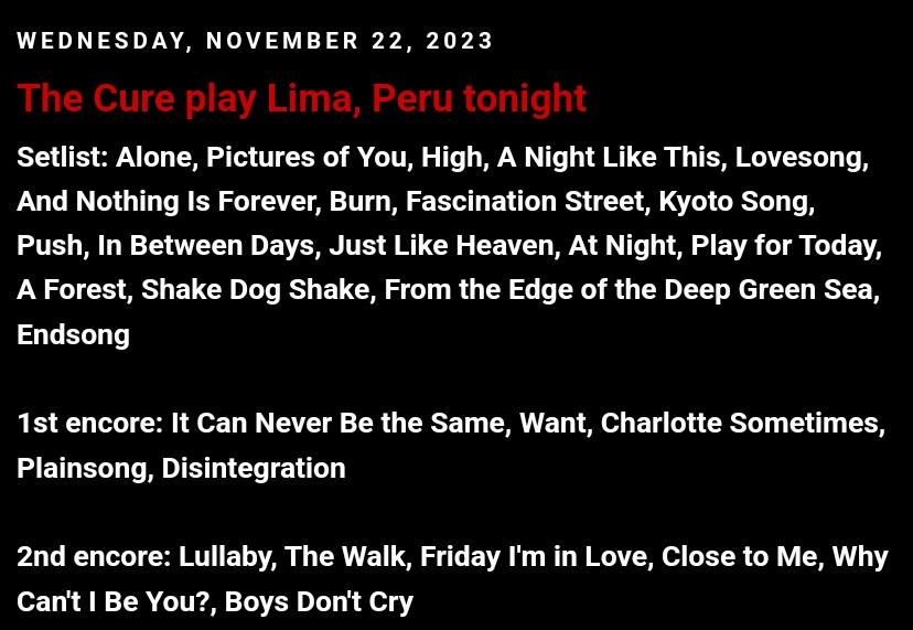 CraigatCoF's tweet photo. Setlist for The Cure in Lima, Peru tonight. https://t.co/F8yjcuwPwD