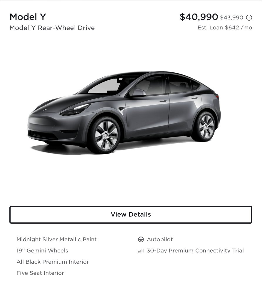 You can get a new Model Y RWD for as low as $33,490 after Federal Tax Credit. Depending on state incentives, that number can drop to under $30,000. Shop: tesla.com/inventory/new/…