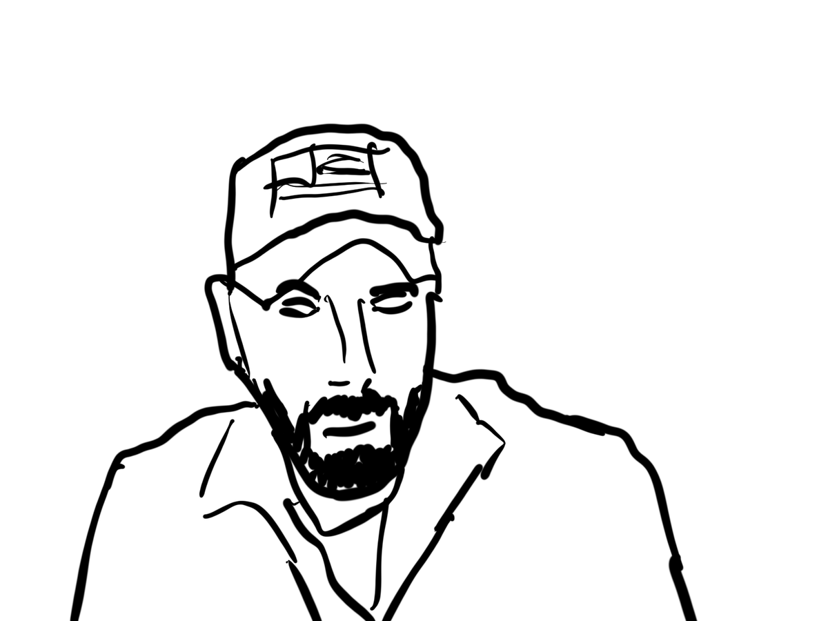 elizibar's tweet photo. Here on Day 22 of #Drawvember, that thing I do where I draw someone completely unsolicitedly, we have @douglasernst the ever mysterious man who is out there looking for people's souls. (Will he find them? Maybe.)
Based on a still from an old video of his. https://t.co/D1sLa0ri4X