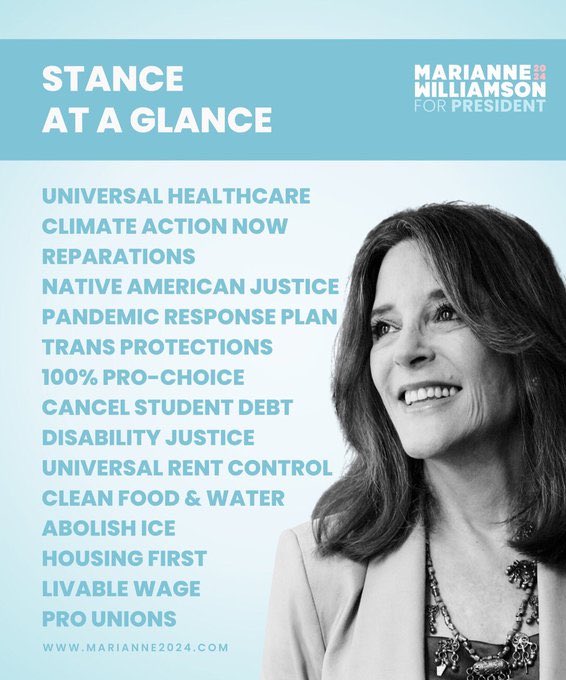 I’m 69 and I’m voting for #MarianneWilliamson in 2024!
@marwilliamson
