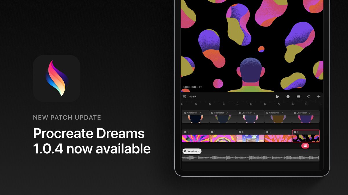 Procreate Dreams 1.0.4 is now available.

This patch update includes stability improvements, and fixes a video export issue experienced on some iPad models.

Head to the App Store to update.