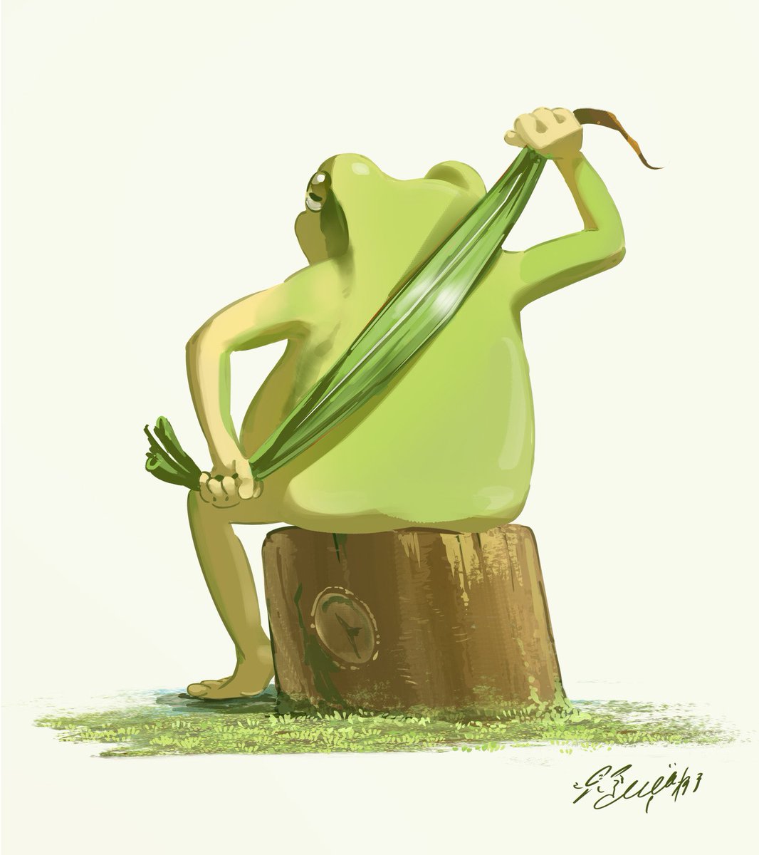 solo signature tree stump frog holding simple background no humans  illustration images