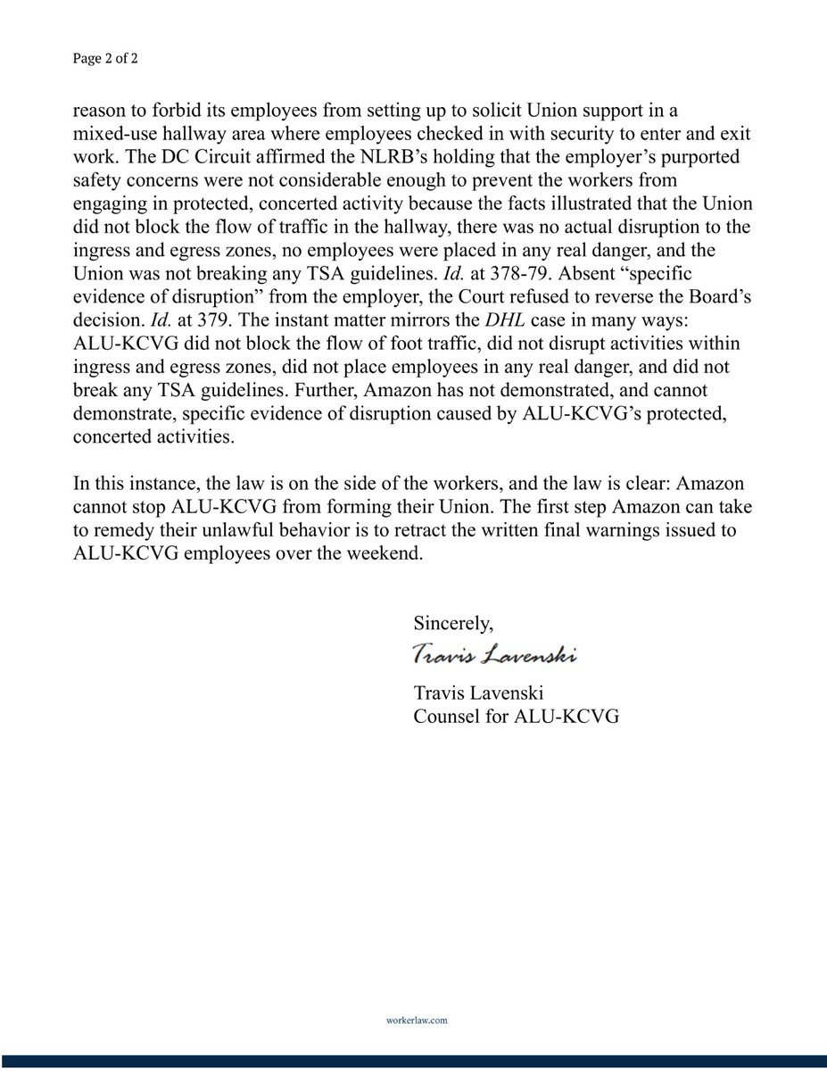AmazonUnionKCVG's tweet image. ILLEGAL RETALIATION @ AMAZON KCVG
This weekend, Amazon management gave final written warnings to 11 pro-union workers for participating in union tables.
Read the letter from our attorney. We will appeal, take action & won't back down. Work @ KCVG? Message us to help fight back.