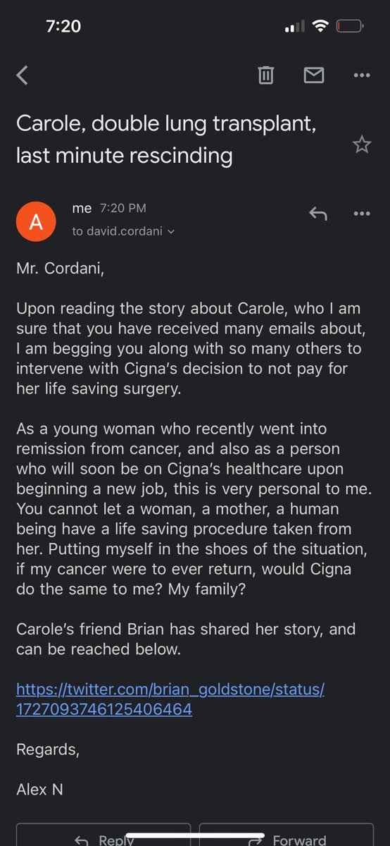 _neffell_'s tweet photo. As a recent cancer survivor who will soon be on Cigna’s medical care, nothing scares me more than what Carole is going through. I hope with enough pressure, Cigna will reverse this decision immediately. https://t.co/GDjGojCesn