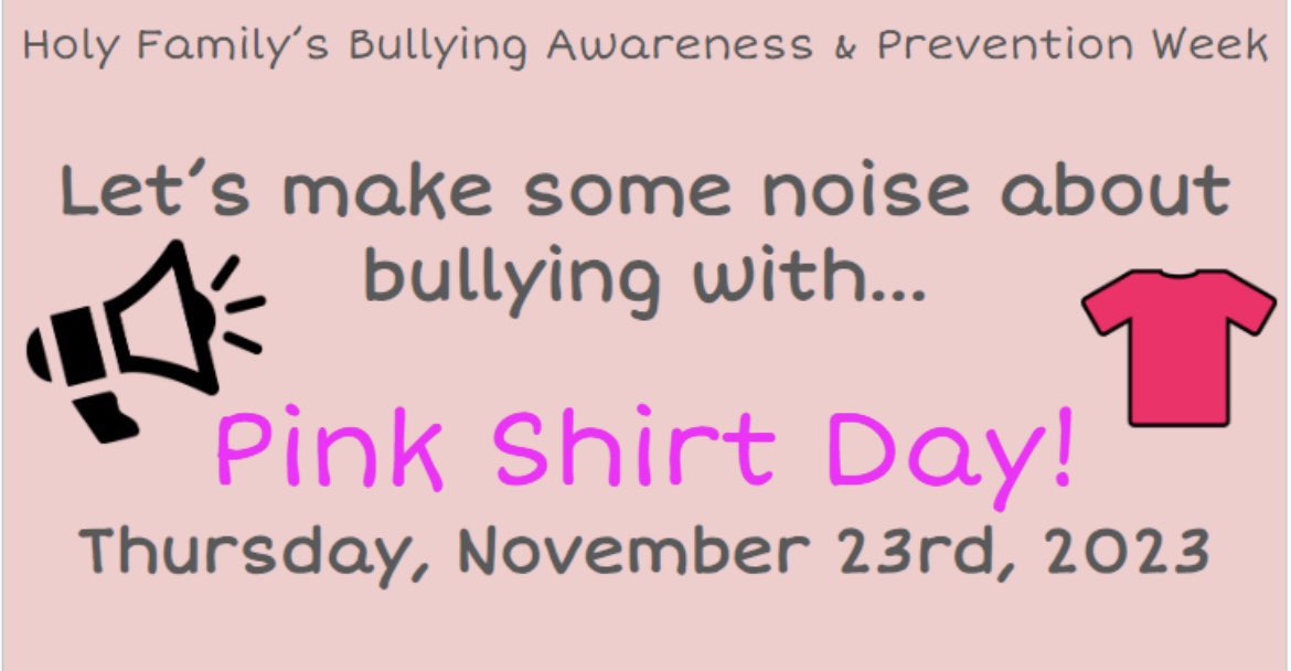 Holy Family Stars! Tomorrow, let’s make some noise about bullying with pink shirt day! Anything pink goes! #bullyingprevention #awareness <a href="/HOFAM_DPCDSB/">Holy Family DPCDSB</a>