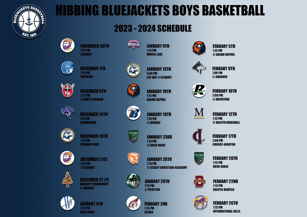 BluejacketBBall's tweet photo. Hibbing Bluejacket Boys Basketball 2023-2024 Schedule #jacketpower #212degrees #boilingpoint @hibbingschools https://t.co/xUcz8N3Lsl