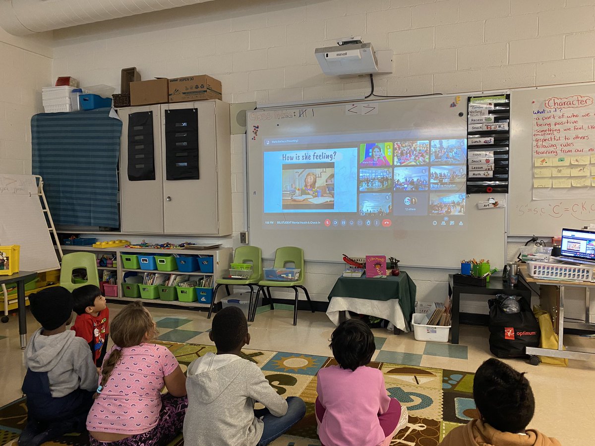 This afternoon we had a school wide check in to discuss calming strategies when feeling upset! Thanks @M_Stafrace for organizing this! We also started creating posters with positive words to describe character! #StElizCath #ocsbBeWell 🦅