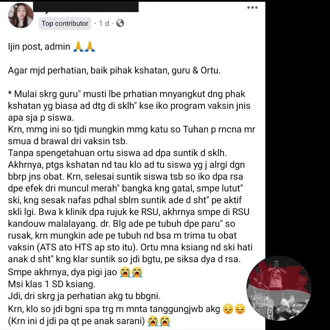 TedInvestigasi's tweet photo. ‼️Peringatan‼️
Di grup kami udah ada beberapa laporan vaksinasi di sekolah tanpa persetujuan ortu!

"Reizen , siswa kelas 1 SD ,di Sulawesi Utara, fihak sekolah memvaksin tanpa memberi tahu fihak keluarga, setelah vaksin adek Reizen mengalami gangguan pernapasan dan meninggal." https://t.co/vfUSKfrrxC