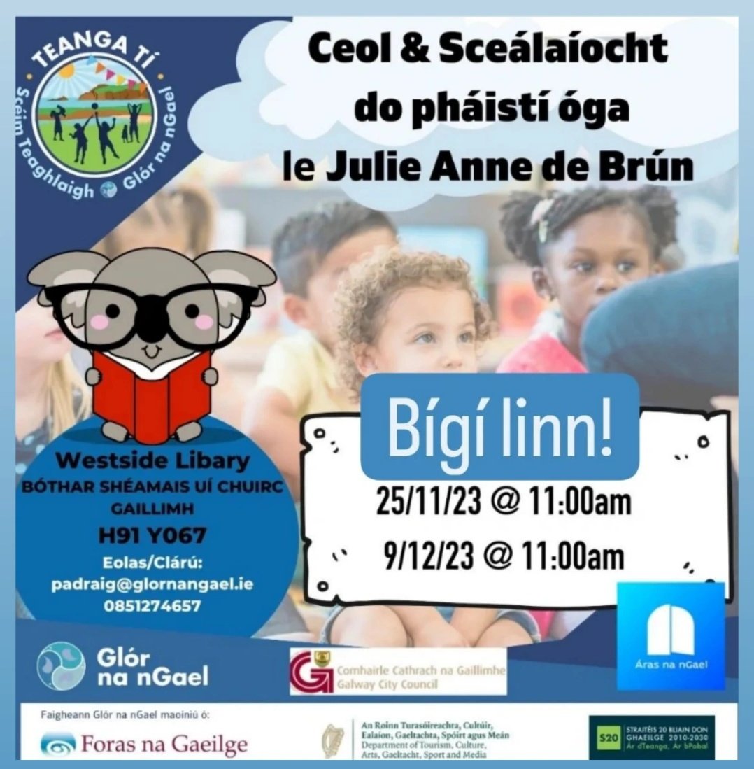 J_A_deBrun's tweet photo. Ceol agus Sceálaíocht do pháistí óga
Tá fáilte roimh chách!
(Music and stories as Gaeilge - all welcome!)
📍Leabharlann an Taoibh Thiar/Westside Library
📆 25/11/23
⏰11:00am
#scéalaíocht #ceol #colourstrings #spraoi #gaeilge #teangatí #leabhairasgaeilge #Gaillimh https://t.co/uN29HrCopc