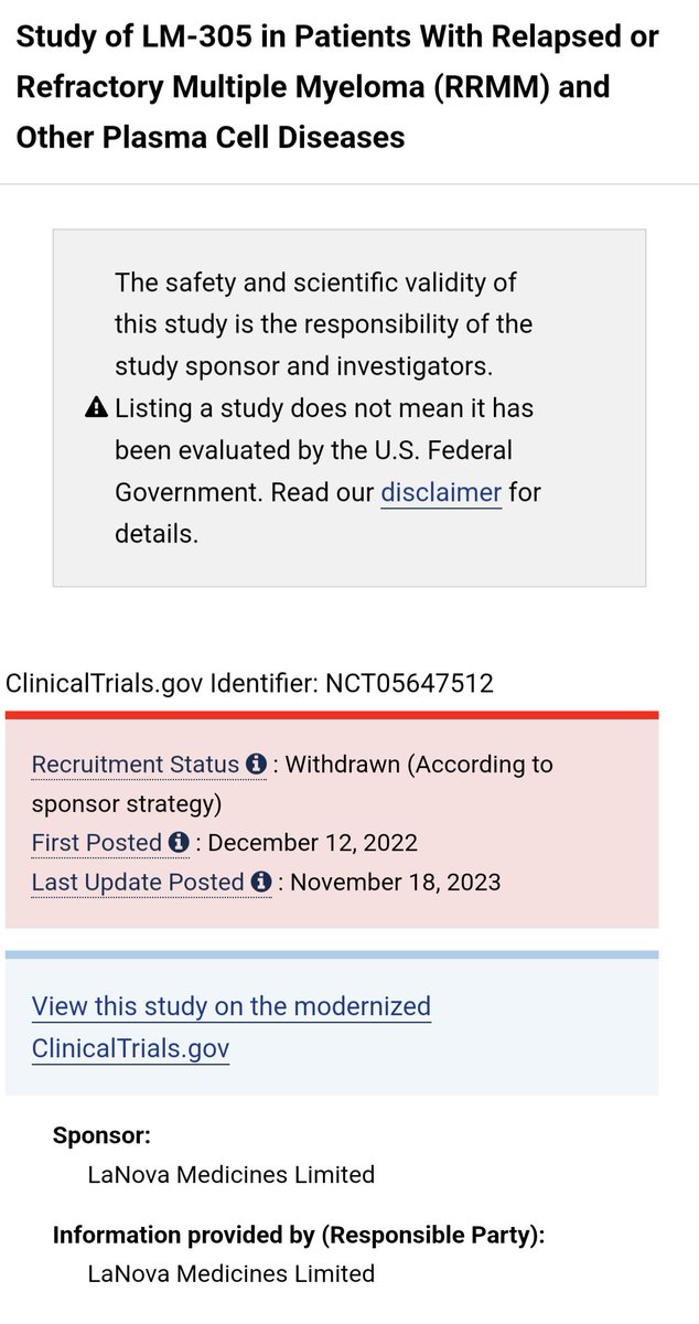 Pharmews's tweet image. #LaNova has withdrawn the sole Phase 1 study (#NCT05647512) assessing LM-305 (#GPRC5D ADC, #AstraZeneca own global rights) in patients with relapsed/refractory multiple myeloma. $AZN