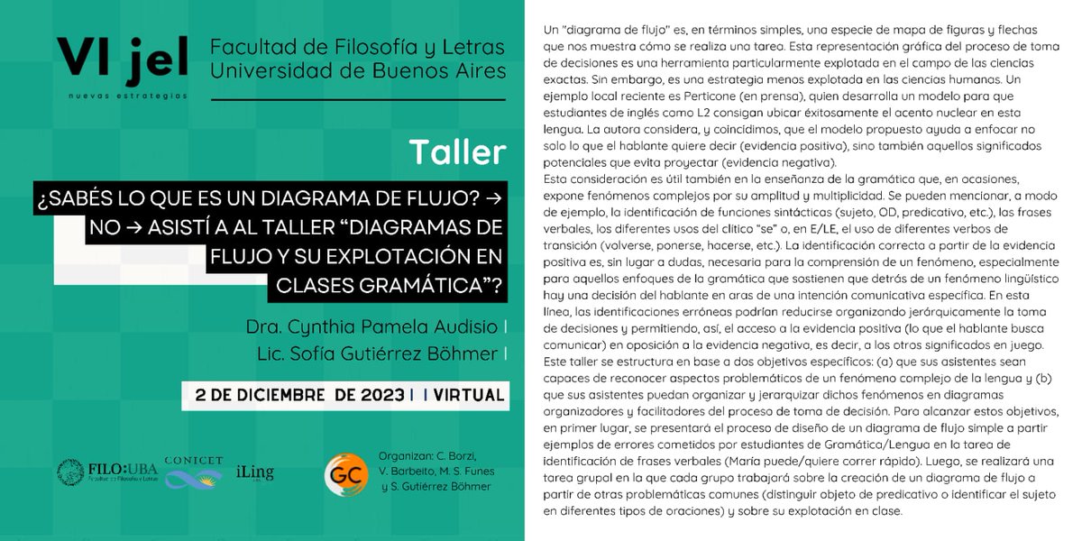 El próximo 2 de diciembre a las 13:30 hs. (Argentina) contaremos con el taller “Diagramas de flujo y su explotación en clases de Gramática”, a cargo de la Lic. y Prof. Sofía Gutiérrez Böhmer y Dra. Cynthia Pamela Audisio. Sábado → Asisto al taller → Tengo un planazo.
