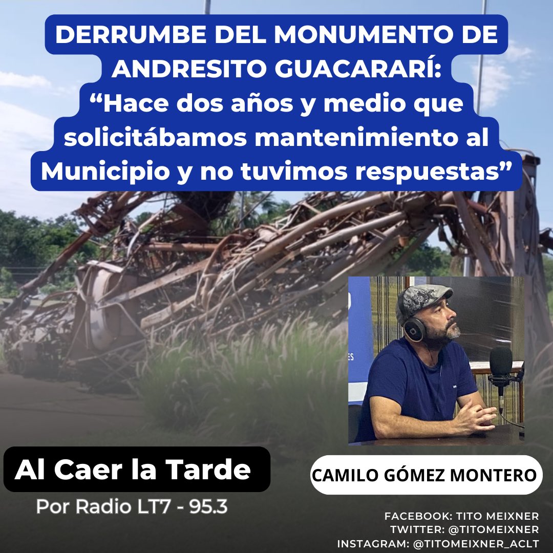 titomeixner's tweet photo. Hoy en Al Caer la Tarde entrevistamos a Camilo Gómez Montero sobre la caída del monumento de Andresito Guacararí y la falta de respuestas por parte de la Municipalidad ante el estado de abandono de hace más de 4 años. 🎙️📻
Nota completa 👉🏼 https://t.co/c1u2ycua7b https://t.co/7dUeHprMZB