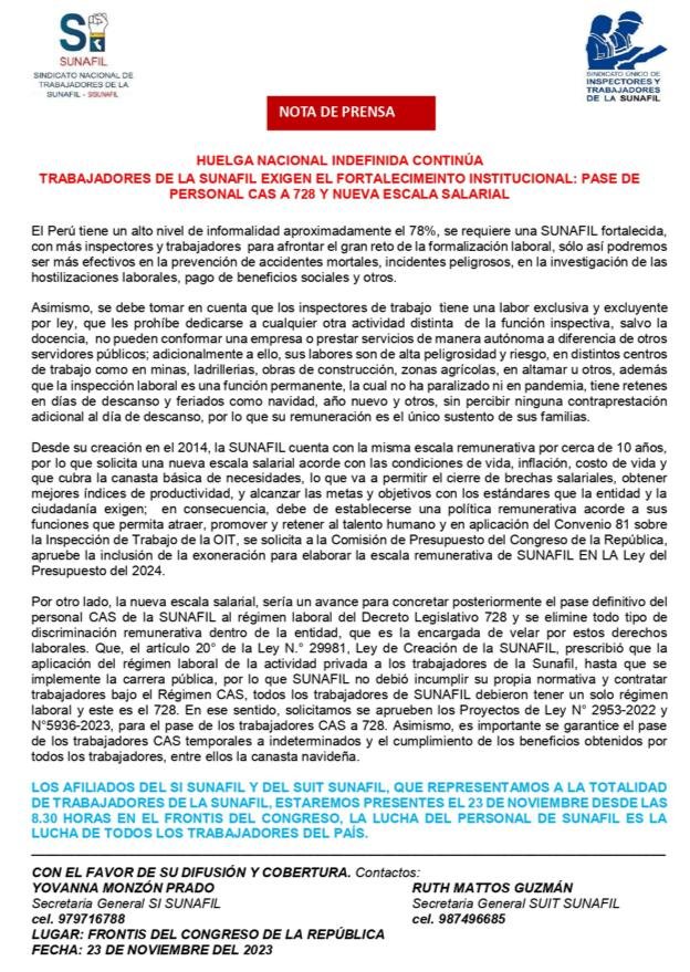 SuitSunafil's tweet photo. Seguimos mañana 23 en huelga indefinida en @SunafilPeru 8 am frontis del Congreso @Latina_Noticias @siemprelideres @PTV_Noticias @atv_noticias @willaxtv @canalN_ @RPPNoticias @exitosape @elcomercio_peru @larepublica_pe @RadioNacionalFM @idee https://t.co/TD8Z2EndsU